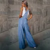 Women's Jumpsuits Rompers Wide Leg Bodysuit Women's Blue Denim Wrapped Women's Loose Fashion High Waist Summer Pocket Bodysuit 230710