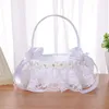 Flower Girl Basket White Small Satin Cloth Baskets with Lace Faux Flowers Bows Pearls Decor for Wedding Ceremony