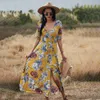 Urban Sexy Dresses Short Sleeve Maxi Split Dress Summer 2021 Beach Boho Print Sexy V-Neck Floral Long Dresses Women Casual Loose Party Elegant Robe L230711