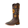 Bottes Nouvelles Femmes Café Marron Broderie Bottes En Cuir PU Imprimé Western Cowboy Bottes Profonde V-bouche Haut Tube Bottes Décontractées Classique L230711