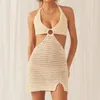 Abiti casual Beach Style Crochet Halter Donna Elegante petto lavorato a maglia Avvolgere Backless Tie Up Mini abito Club Party Cocktail Vestidos