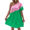 Casual Dresses Summer Fashion Women's One Shoulder Long Dress Color Matching Bubble Short Sleeved Sequin Women