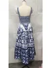 Basic Casual Dresses Runway Summer Holiday Maxi Dress Women's Spaghetti Shoulder Strap V-Neck Backless Blue and White Tile Printing Holiday Length Vestido 230710