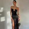 Vestidos Casuais Zoctuo Mesh Preto Sem Manga Sem Costas Oco Fenda Transparente Sexy Slips Vestido Maxi Verão Feminino Praia Roupas de Férias