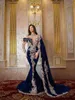 Royal Blue Veet Mermaid Prom High Neck Long Sleeve Dress Elegante plooien Kralen avondjurken