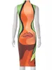 Miejskie seksowne sukienki Hugcitar z golfem dopasowane kolory bez rękawów 3D drukuj seksowna obcisła sukienka Midi 2023 letnia moda damska Party Streetwear strój L230711