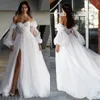 Sexy A Line Dresses For Bride Puffy Sleeves Sweetheart Wedding Dress Slit Backless Designer Bridal Gowns Sweep Train