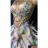 Grundlegende Freizeitkleider Mode Perlen Strass Nude Party Abend Figurbetontes Kleid Frauen Sänger Ärmellos Feder Club Prom Geburtstag Dhyqg