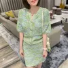 Work Dresses Mixed Green Hollow Out Top And Skirt 2 Piece Set 2023 Summer Puff Sleeve Knitted Cardigan Short Step Suit Two