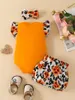 Klädset Wrrkayly Baby Girl Shorts Set Ärm Bokstäver Tryck Romper med blomma och hårband (orange 3-6 månader)