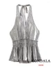 Vrouwen Tanks KONDALA Streetwear Metallic Zilver Halter Ruches Tops Vrouwen Mode 2023 Zomer Sexy Backless V-hals Slanke Blouses Y2K Meisje