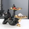 Decorative Objects Figurines Lying Black French Bulldog Butler with Double Gold Metal Tray Dog Statues and Sculptures Room Decor Home Statue Ornament 230710