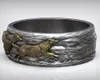 Clusterringen 9.1g Wolf Ring Running Wolves Wedding Band Gold Art Relief 925 Solid Sterling Silver