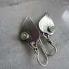 Dangle Earrings Vintage Antique Silver Color Metal Leaves Inlaid With Green Stone Women Ethnic Plant Jewelry Accessories Wholesale