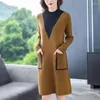 Casual Dresses Winter Women Long Dress Vintage Half High Turtleneck Sleeve Knitted Patchwork 2023 Loose Straight Pullover B118