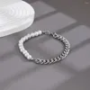 Bangle Mens Armband Cuban Chain Silvery Color Half Pearl Men's Luxury rostfritt stål smycken gåva till pojkvän