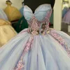 السماء الأزرق المتلألئ الحبيب quinceanera فستان قبالة الكتف الديك