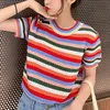 Vrouwen T-shirt Zomer Regenboog Gestreepte Gebreide T-shirt Vrouwen Tops Hollow Out T-shirts Koreaanse Mode Korte Mouw T-shirt poleras Mujer 230711