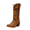 Boots New Women Coffee Brown Embroidery Boots PU Leather Printed Western Cowboy Boots Deep V-mouth High Tube Casual Boots Classic L230711