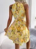 Casual Dresses Floral Print Mini Women Summer Sleeveless Off Shoulder Halter Dress Female Elegant Temperament Chic Tie-up Ruffles