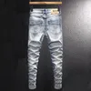 Jeans för män Mode Streetwear Herr Retro Ljusblå Elastisk Slim Fit Ripped Broderi Designer Vintage Casual Jeansbyxor