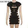 Casual Dresses GLCMYAYA Women Solid Hollow Out Black Hole Spliced O-Neck One-step Skirt Dress 2023 Sexy & Club Party Night Slim Mini