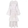 Vestidos Casuais Eshin 2023 Verão Branco Renda Vestido Oco Manga Flare Solto Com Forro Elegante Super Férias Longas Mulheres TH2768