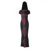 Abiti casual Maxi abito aderente con cappuccio con stampa 3D per donna Estate 2023 O collo manica corta vita media aderente Club Partywear