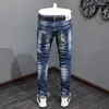 Erkek kot caddesi moda erkekler retro mavi elastik streç ince yırtık vintage pantolon yamalı tasarımcı hip hop pantolon hombre