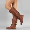 Boots SGESVIER Plus Size 34-52 Mid-calf Boots Insert Heels Women Pleated Boots Female Round Toe Shoes Flat Shoes Autumn Winter 2020 L230712