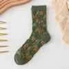 Damstrumpor Korea Bomull Mode Elegant Grön Blommig Retro Harajuku Jacquard Vintage Streetwear Klänning Long Sox