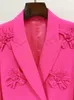 Women's Suits TOP QUALITY 2023 Fashion Designer Jacket Stereoscopic Flowers Appliques Double Breasted Long Blazer Pink S-4XL