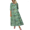 Casual Dresses Clothes For Women Ladies Summer Beach Retro Ethnic Floral Long Dress Mid-Sleeve Round Neck Swing Skirt Vestidos