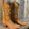 Boots New Women Coffee Brown Embroidery Boots PU Leather Printed Western Cowboy Boots Deep V-mouth High Tube Casual Boots Classic L230711