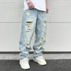 Jeans för män Hip Hop Tvättade Knähål Baggy Breda Ben Casual För Herr Y2K Rippade Lös Distressed Denim Byxor Oversized Cargo Byxor