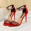 2023 Women 9cm High Heels Crystal Sandals Wedding Bridal Stiletto Heels Sandles Glitter Prom Elegant Stripper Satin Strap Shoes L230704