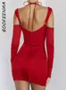 Urban Sexy Dresses BOOFEENAA Sheer Mesh Long Sleeve Corset Dress Cut Out Backless Short Party Dresses Sexy Club Outfits for Women Red Black C92DE24 L230711