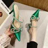 Dress Shoes Glitter Rhinstones Women Pumps Mules Crystal Bowknot Green Satin Summer Lady Shoes Stripper High Heels Party Prom Shoes 230711