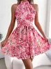 Casual Dresses Floral Print Mini Women Summer Sleeveless Off Shoulder Halter Dress Female Elegant Temperament Chic Tie-up Ruffles