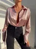 Women's Blouses Shirts Satin Elegant Women Shirt Green Button Up Lapel Loose Office Ladies Shirts Top Spring Summer Long Sleeve Blouse Tops 230710