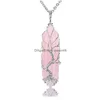 Hänge Halsband Andmade Koppartråd Inslagna Tree Of Life Halsband Natursten Rosa Kristall Ametist Pillar Gem Smycken Drop Deli Dhnjd