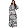 Ethnic Clothing Dubai Luxury Islamic Puff Sleeve Women Muslim Dress Black And White Flores Printed Long Jalabiya Abaya Femme Musulman