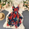 Casual Kleider 2023 Boho V-ausschnitt Schlank Blumendruck Midi Kleid Spaghetti Strap Sexy Sommer Party Frauen Unregelmäßige Strand Urlaub vestidos