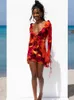 Городские сексуальные платья 2023 Мода Y2K в стиле галстук Dye Sexy V Seck Ruffle Mini Dress Summer Women Stavers Founds с длинными рукавами vestidos a2565 L230711