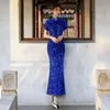 Roupas étnicas tamanho grande 6XL banquete festa vestidos de noite vestido estilo chinês cheongsam sexy cetim qipao botão vintage bling lantejoulas