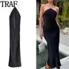 Urban Sexy Dresses TRAF Schwarze lange Kleider für Frauen, schulterfreie Maxikleider, sexy rückenfreie Abendkleider, Damen-Sommer-Nachtclub-Partykleid, L230711