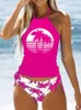 Dräkter kvinnors tvådelade baddräkter High Neck Ruched Tummy Control Top med Bottom Tankini Set Beach Coconut Tree Print Baddräkt