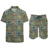Męskie dresy Vintage kwiatowy Print zestawy dla mężczyzn abstrakcyjna płytka modna koszula na co dzień zestaw z krótkim rękawem wzorzyste szorty letni strój kąpielowy duży rozmiar 230711