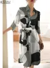 Городские сексуальные платья Zanzea Fashion Geometric Printing vestidos Элегантная боковая щель повседневная пуговица платье рубашки 3/4 рукав женское миди -платье L230711