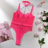 Modelador Feminino Koltailace Body Erótico Feminino Halter Cadeia Lingerie Sexy Pornô Transparente Perna Alta Body Suit Renda Sissy Sensual Meia-calça